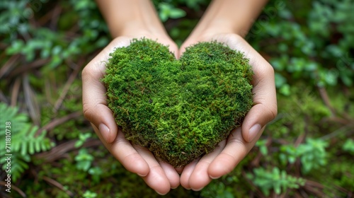 Human hands cradling a heart-shaped moss in nature photo