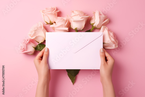 Young woman’s hands holding blank paper envelope on pink background, envelope mockup with copy space, Generative AI