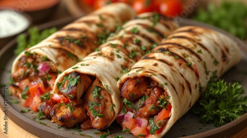 Grilled chicken shawarma wraps with fresh vegetables and parsley on wooden board