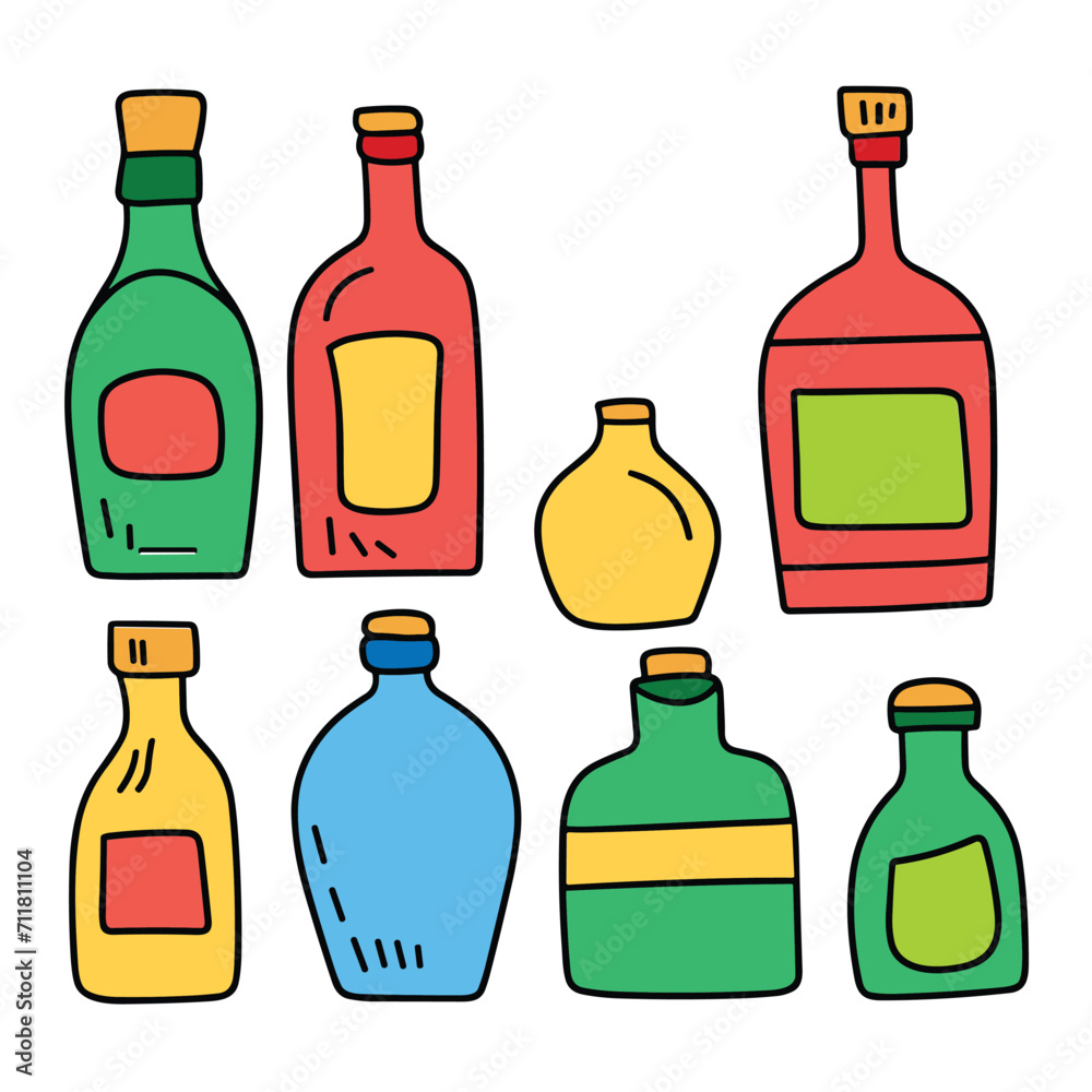 Poison bottle set colored outline. Isolated doodle bottles with colored. Hand drawn vector art Poison bottle set colored outline. Isolated doodle bottles with colored. Hand drawn vector art