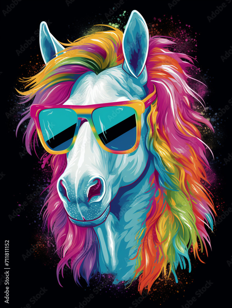 T-shirt design, white horse in rainbow glasses on a blue-black background, barbiecore style created with Generative Ai T-shirt design, white horse in rainbow glasses on a blue-black background, barbiecore style created with Generative Ai