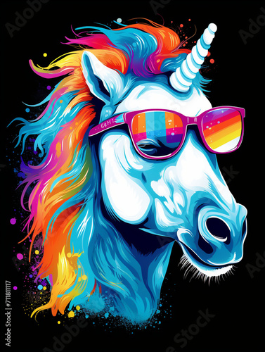 T-shirt design, white horse in rainbow glasses on a blue-black background, barbiecore style created with Generative Ai © Andrii Yablonskyi