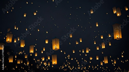 Floating paper lanterns in the night sky. paper lanterns floating in a night sky. Dark sky filled floating lanterns night. photo