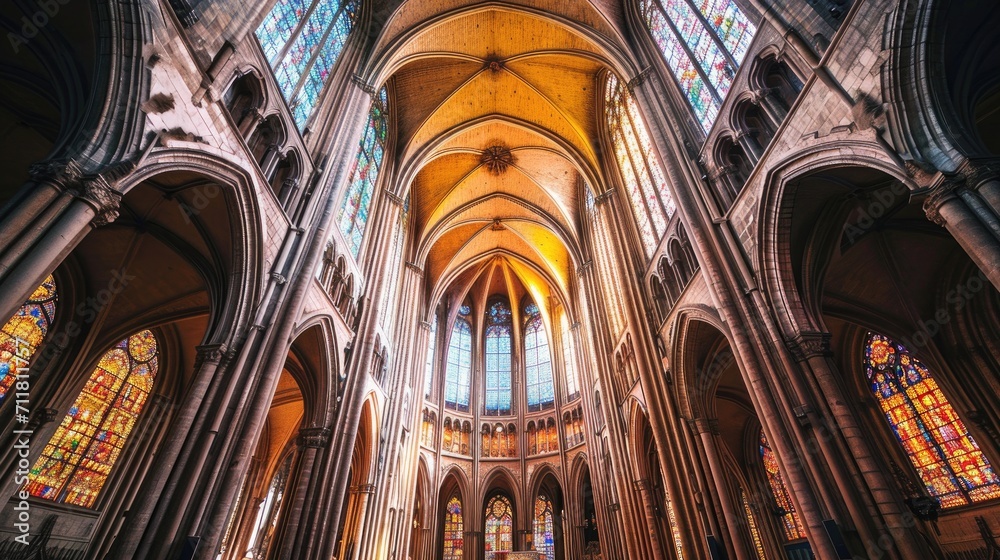 The vaulted ceiling and stained glass windows of a Gothic cathedral.