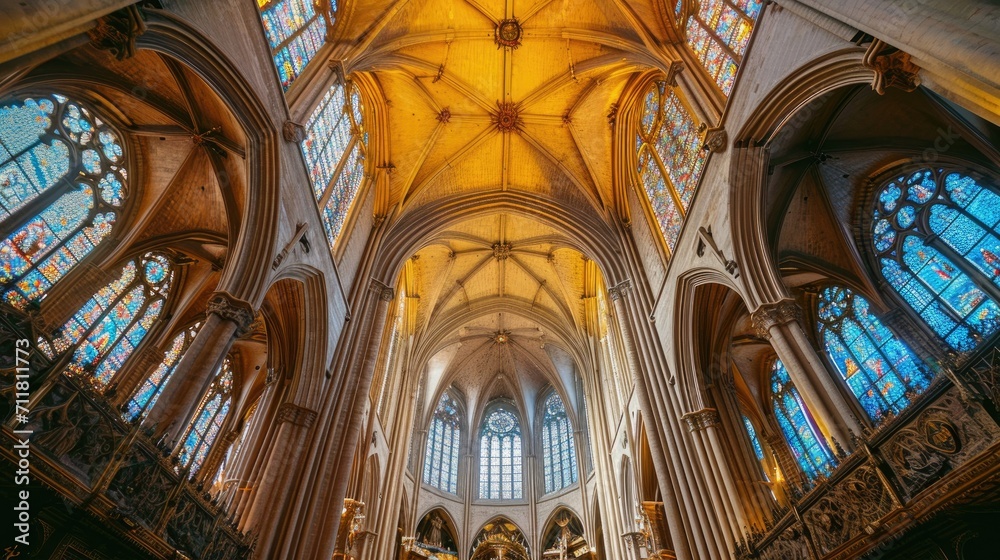 The vaulted ceiling and stained glass windows of a Gothic cathedral.