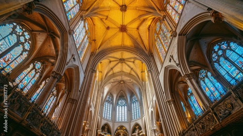 The vaulted ceiling and stained glass windows of a Gothic cathedral.