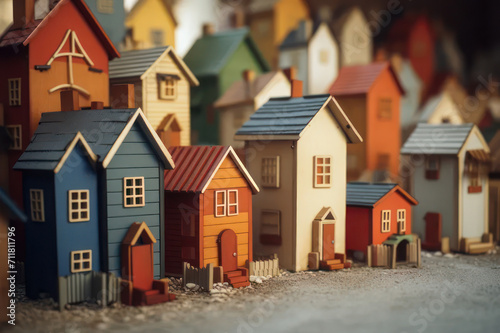 Toy houses on the street. Buying and renting housing. AI generative. photo