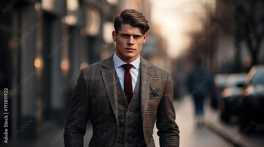 beautiful men's model in a plaid suit walking down the street, showcasing stylish and modern urban fashion. beautiful men's model in a plaid suit walking down the street, showcasing stylish and modern urban fashion.
