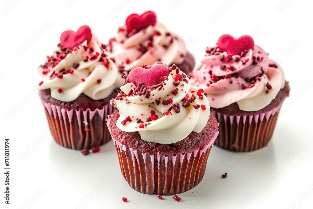 Cupcake with pink icing with a heart symbol on top.. Valentine's day cupcakes. Isolated on white background.