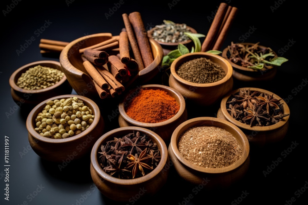 Set of spices on a black isolated background for banner. Asian spices. Seasonings for dishes