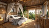 A serene bedroom in a tropical bungalow with open windows and a natural vibe