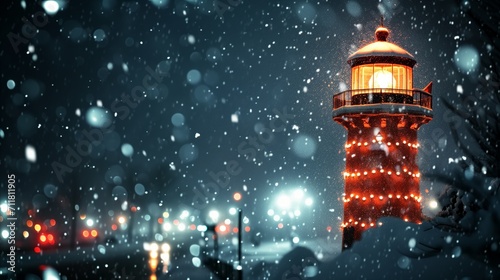 Festive lighthouse with christmas lights in snowy winter night