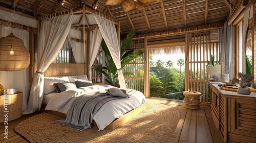 A serene bedroom in a tropical bungalow with open windows and a natural vibe © mashimara