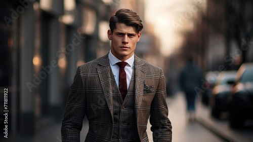 beautiful men's model in a plaid suit walking down the street, showcasing stylish and modern urban fashion.