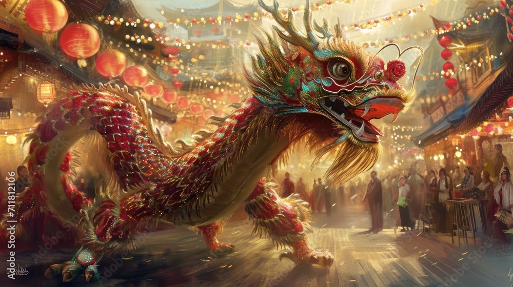 Obraz premium A digital illustration of a Chinese dragon dance during a festive New Year celebration