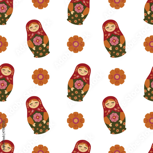 Seamless Russian doll pattern. Bright nesting dolls, Russian folk craft. For packaging, wrapping paper, background