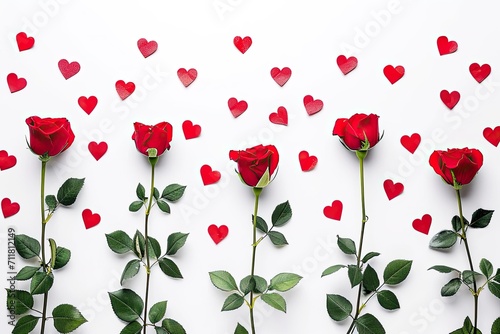 Red roses with heart pattern on white background. Perfect for Valentine's Day backgrounds and promotional materials celebrating love and affection.