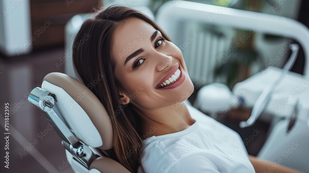 smiling brunette woman in dentist surgery having dental checkup - obrazy, fototapety, plakaty 