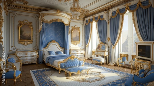 A royal bedroom with blue drapery and lavish gold decorations in a palace.