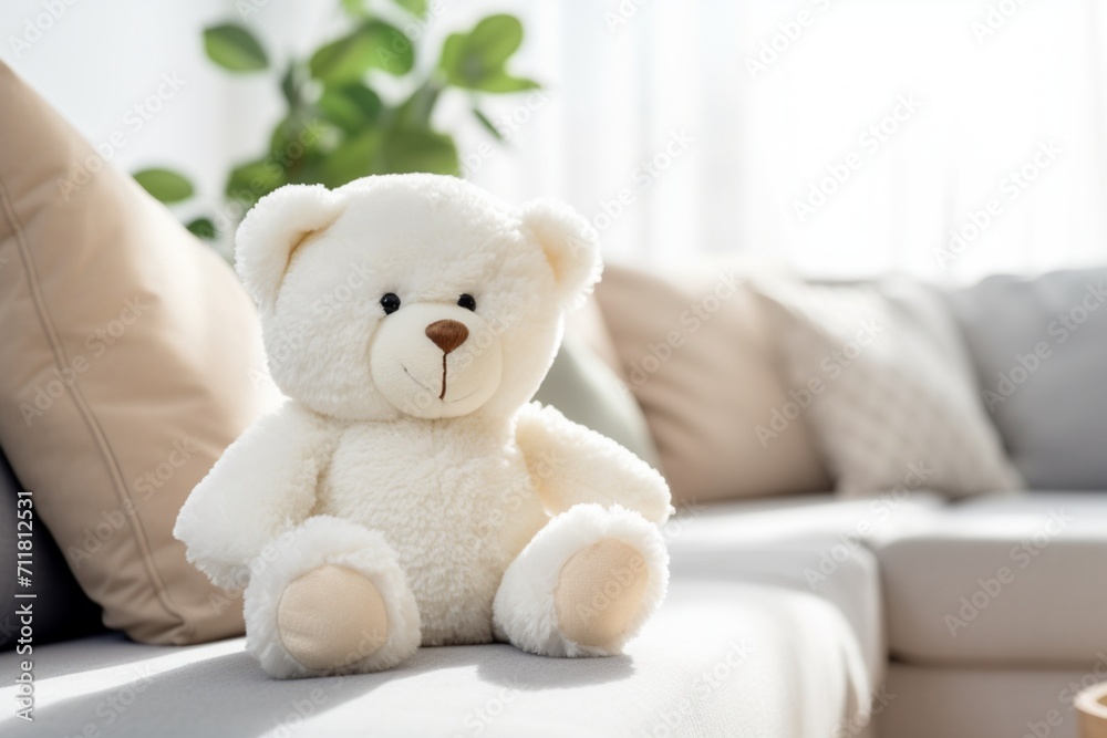 White plush teddy bear a whimsical children's toy for big girls sitting in a sunlit room its large size and inviting demeanor captured in high definition ready to bring joy and comfort