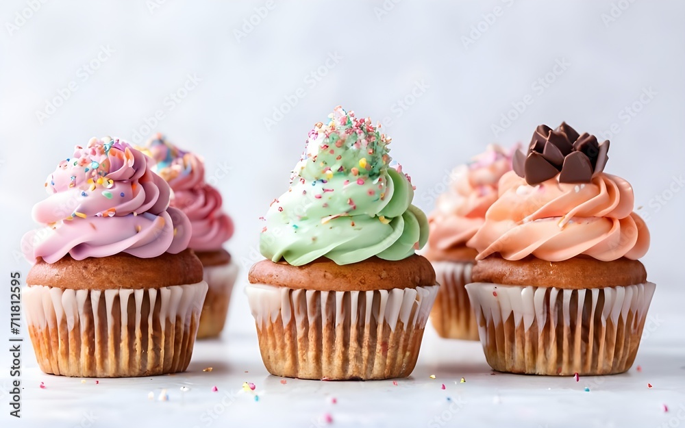 cupcakes in a row, isolated, white background, vibrant colors.