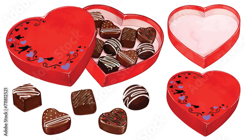 Red heart shaped chocolate box for valentine's Day watercolor vector. Love and Romance concept