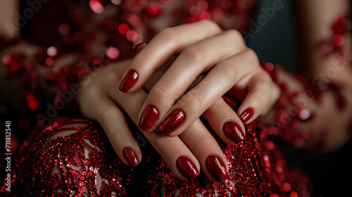 Female hand model with nail polish on her fingernails. Red nail manicure with gel polish made at luxury beauty salon. 