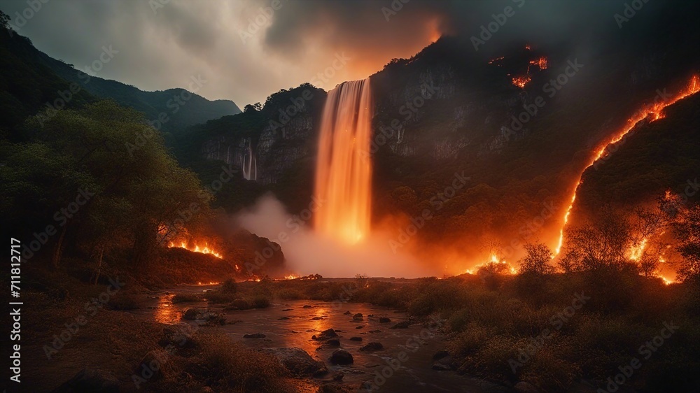 Fototapeta premium fire in the woods Horror waterfall of fire, with a landscape of burning trees and lava, 