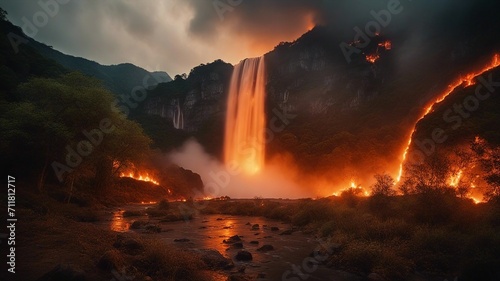 fire in the woods Horror waterfall of fire, with a landscape of burning trees and lava, 