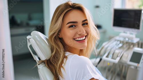 smiling blond woman in dentist surgery having dental checkup photo