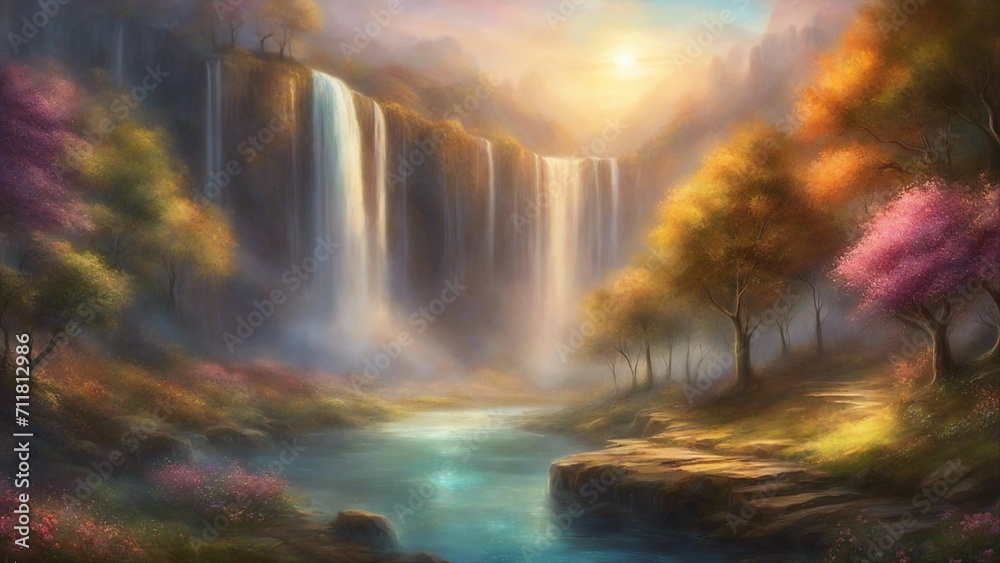 waterfall in the forest Fantasy  waterfall of light, with a landscape of glowing trees and flowers,  