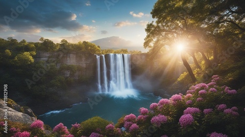 waterfall in the forest Fantasy  waterfall of magic  with a landscape of enchanted trees and flowers  with a Waterfall  