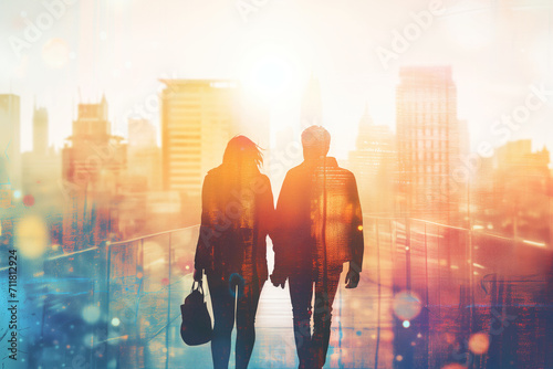 Double Exposure image of couple walks hand in hand, bathed in the golden glow of a cityscape sunrise, a moment captured in ethereal light. photo