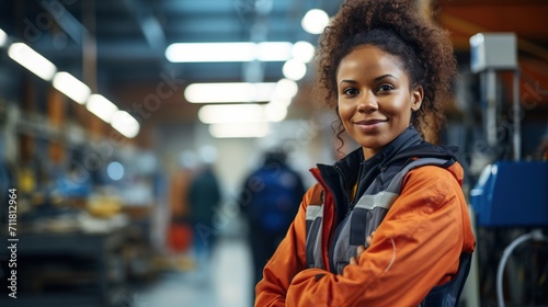 Portrait of a smiling young African American woman in an industrial setting