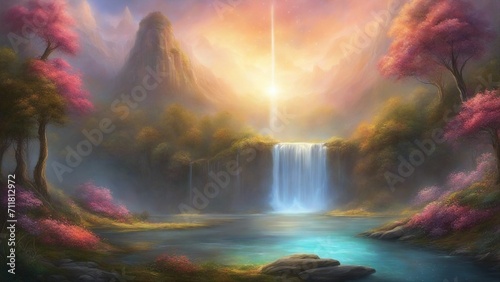 landscape Fantasy  waterfall of light  with a landscape of glowing trees and flowers   