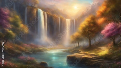waterfall in the forest Fantasy waterfall of light, with a landscape of glowing trees and flowers, 