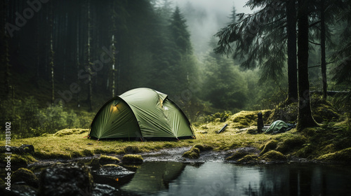 Portrait of a camping tent in dense forest at rainy day evening © amila