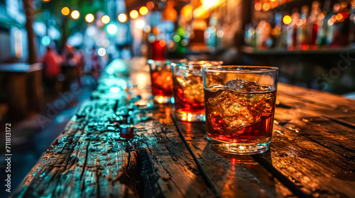In the tranquil evening near a pub, a glass of whiskey stands elegantly on a wooden table, inviting you to savor the moment with sophistication and warmth.