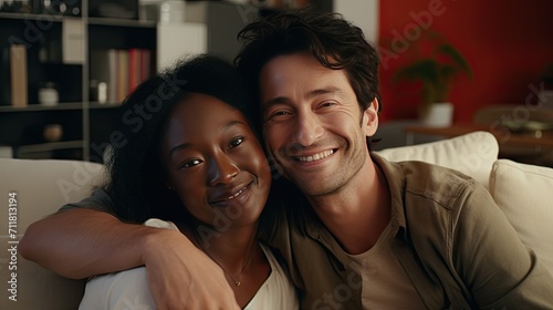 warmth of home with a happy international couple. Frame them on a sofa, hugging and smiling, looking directly at the camera.