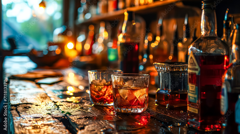 In the tranquil evening near a pub, a glass of whiskey stands elegantly on a wooden table, inviting you to savor the moment with sophistication and warmth.