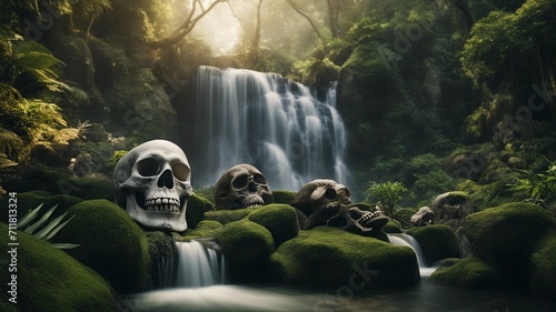 waterfall in the forest Horror  waterfall of madness, with a landscape of twisted rocks and skulls, with a waterfall  