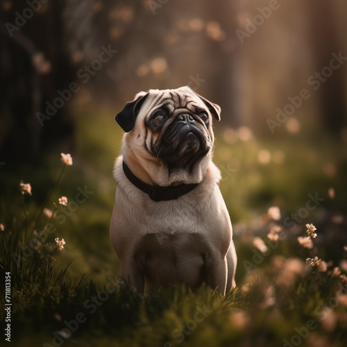 Bulldog Enjoying a Leisurely Stroll in the Park During Early Spring.