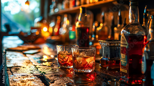 In the tranquil evening near a pub  a glass of whiskey stands elegantly on a wooden table  inviting you to savor the moment with sophistication and warmth.