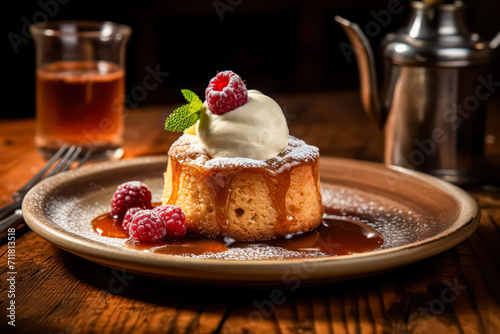 Savor the exquisite taste of Bakewell pudding served with finesse on a rustic wooden table. A delectable dessert moment capturing sweet indulgence.