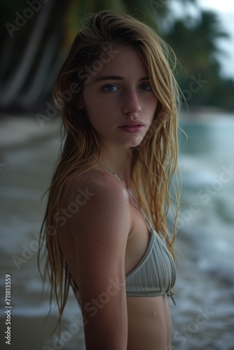 Serene young woman at the beach with wet hair and bikini