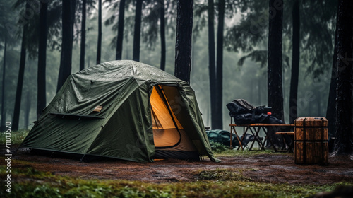 Portrait of a camping tent in dense forest at rainy day evening