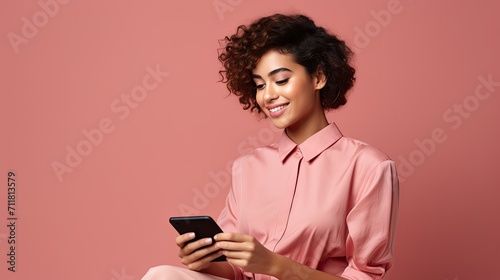 Amazing application. Super happy black woman using smartphone