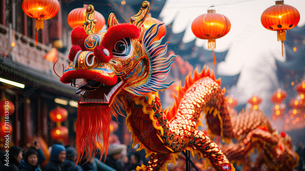 A vibrant Chinese dragon weaves through a festive crowd during a traditional parade, with red lanterns adorning the background.