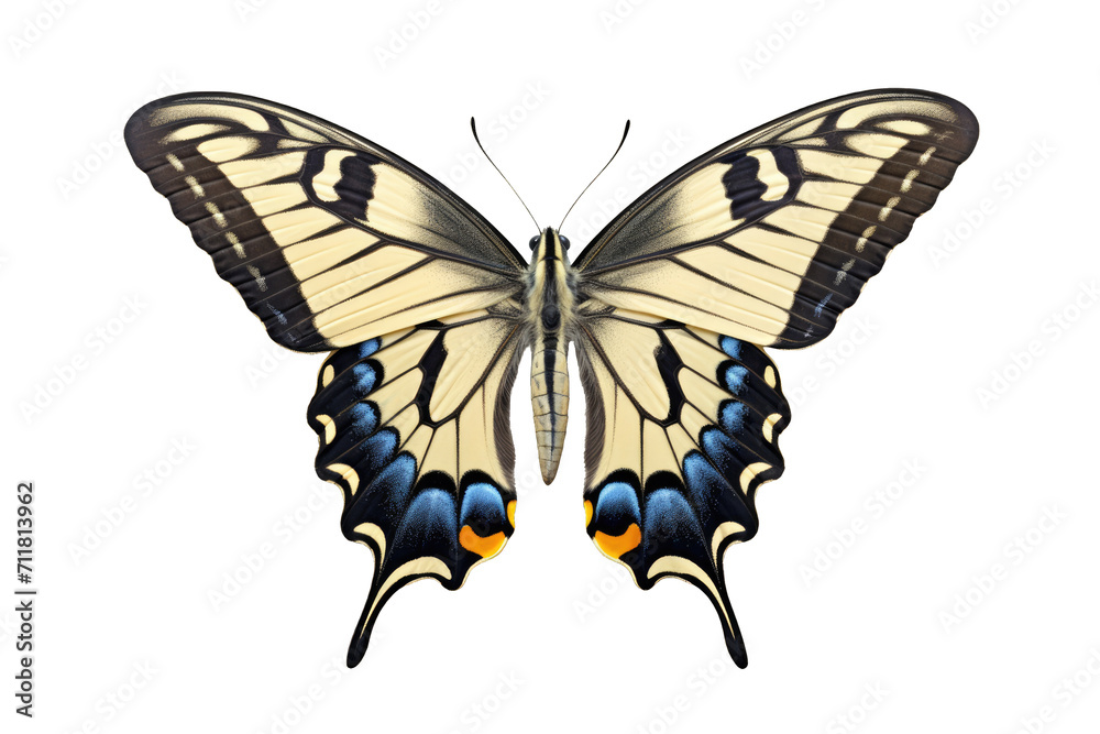 top view of butterfly European Swallowtail on a cutout PNG transparent background. Blue and yellow butterfly top view of butterfly European Swallowtail on a cutout PNG transparent background. Blue and yellow butterfly