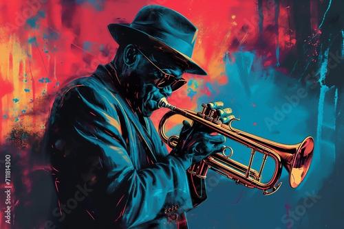 Afro-American male trumpeter musician playing a brass trumpet in an abstract vintage distressed style music painting for a poster or flyer, stock illustration image photo